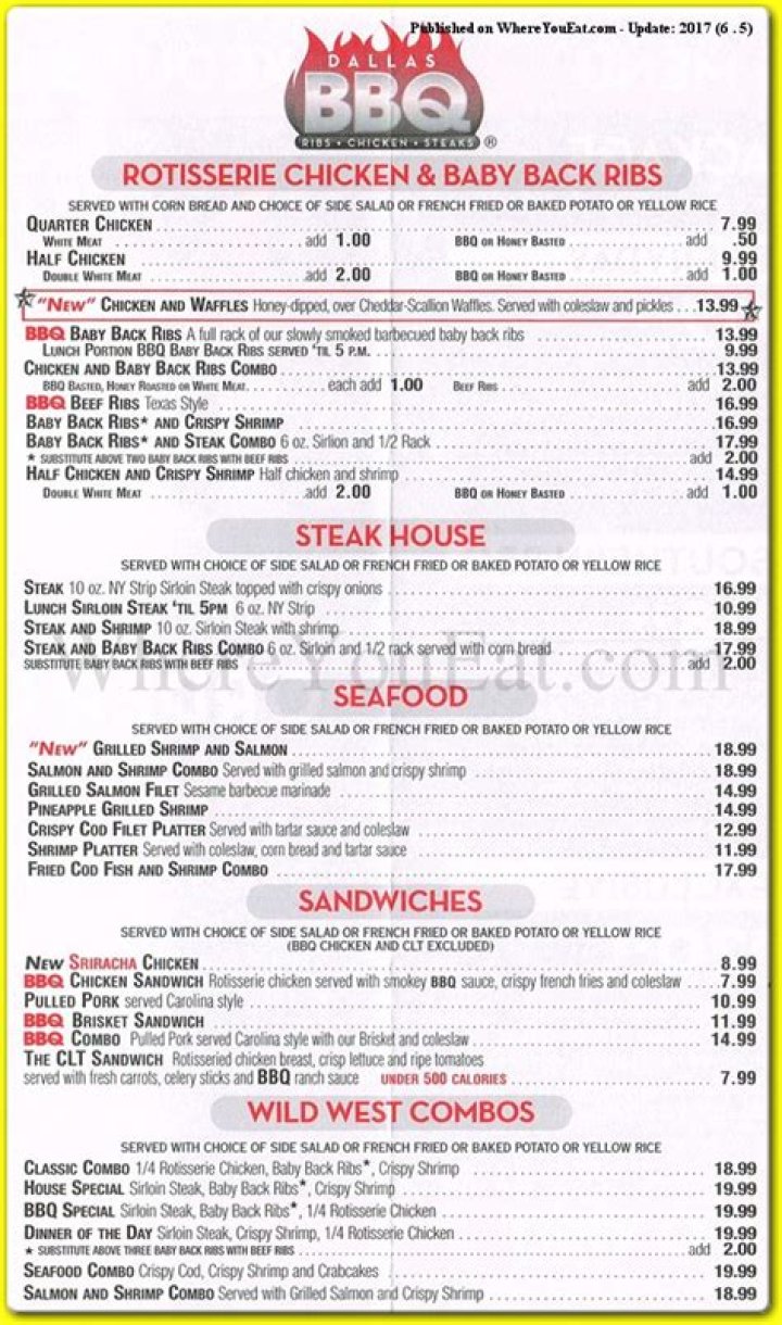 Dallas BBQ Menu With Prices